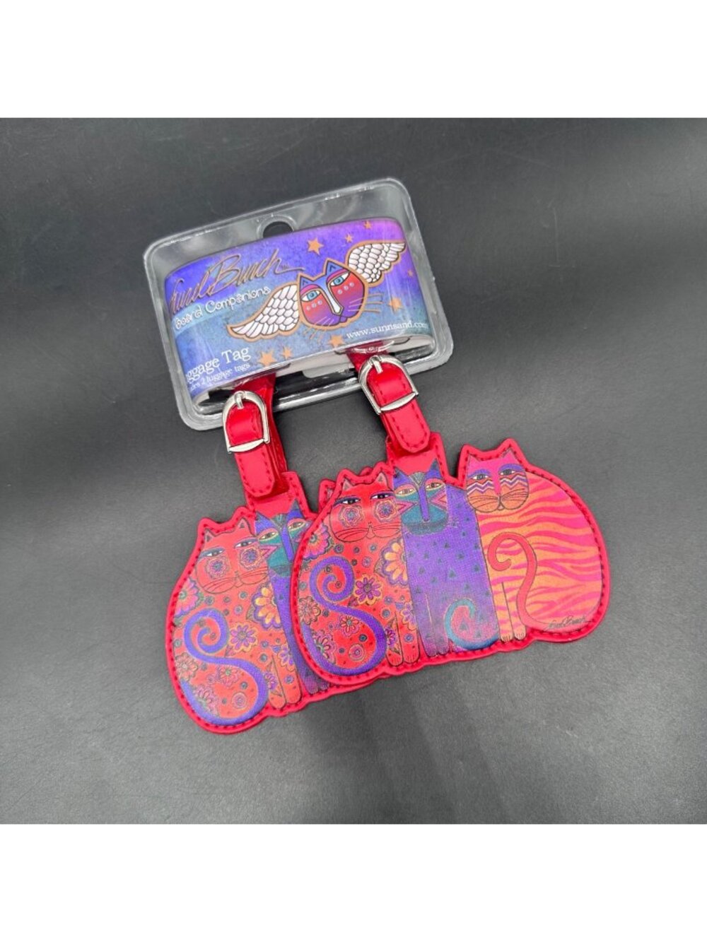 Laurel Burch Luggage Tags Set Of 2 Vibrant Red Purple Cats Travel Accessory